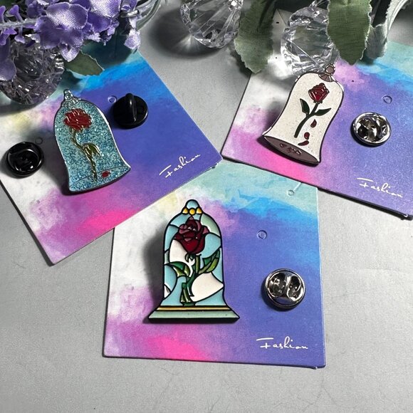 Beauty Beast Rose Lapel Pin Glass Cover Belle Princess Brooch Badge Gift Set Pin - Picture 3 of 6